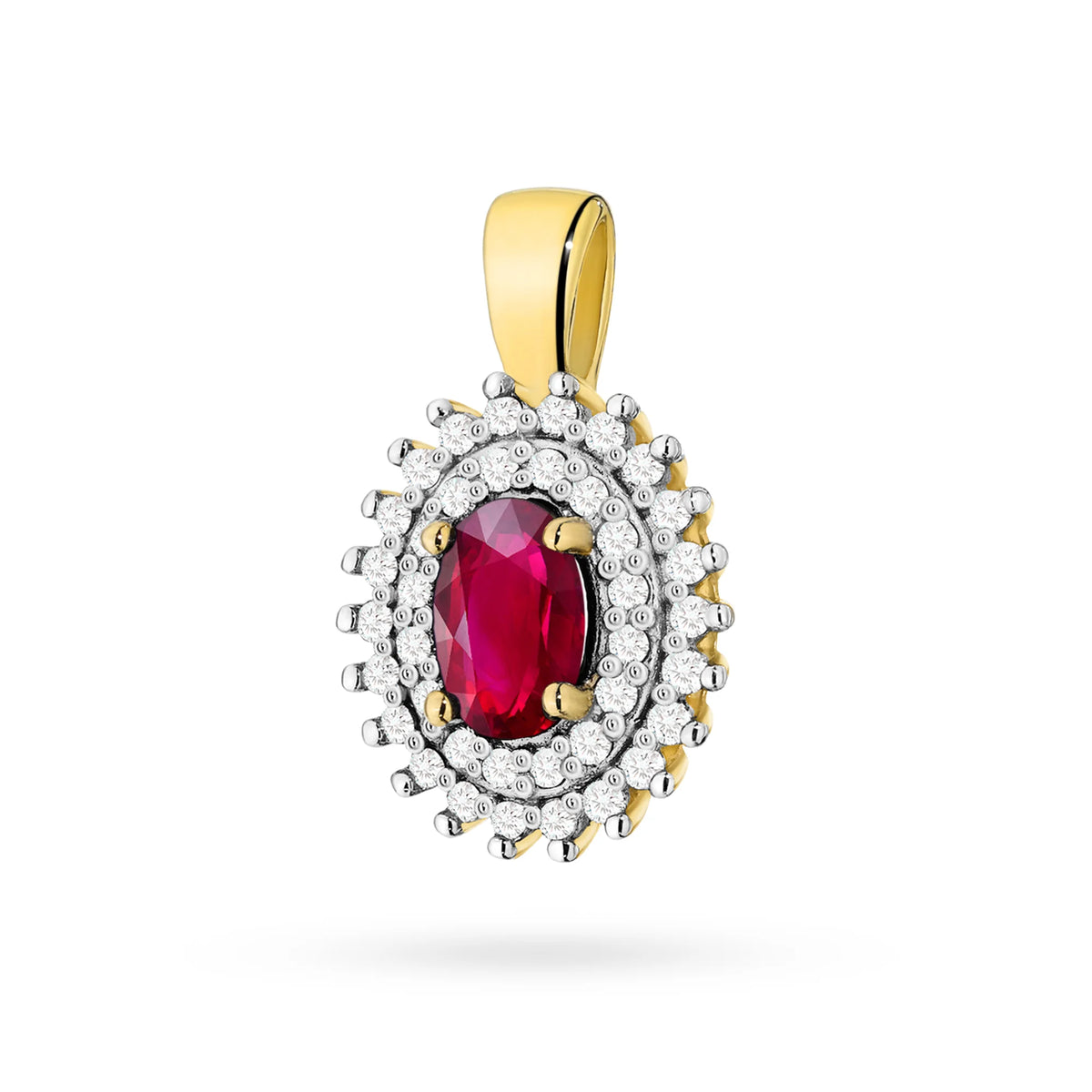 Přívěsek z 14karátového (585) zlata. Střední rubín 0,60 ct obklopený 39 diamanty o celkové hmotnosti 0,19 ct. Jedinečný dárek pro ni. Náš obchod nabízí řetízky, prsteny, náušnice nebo náramky.