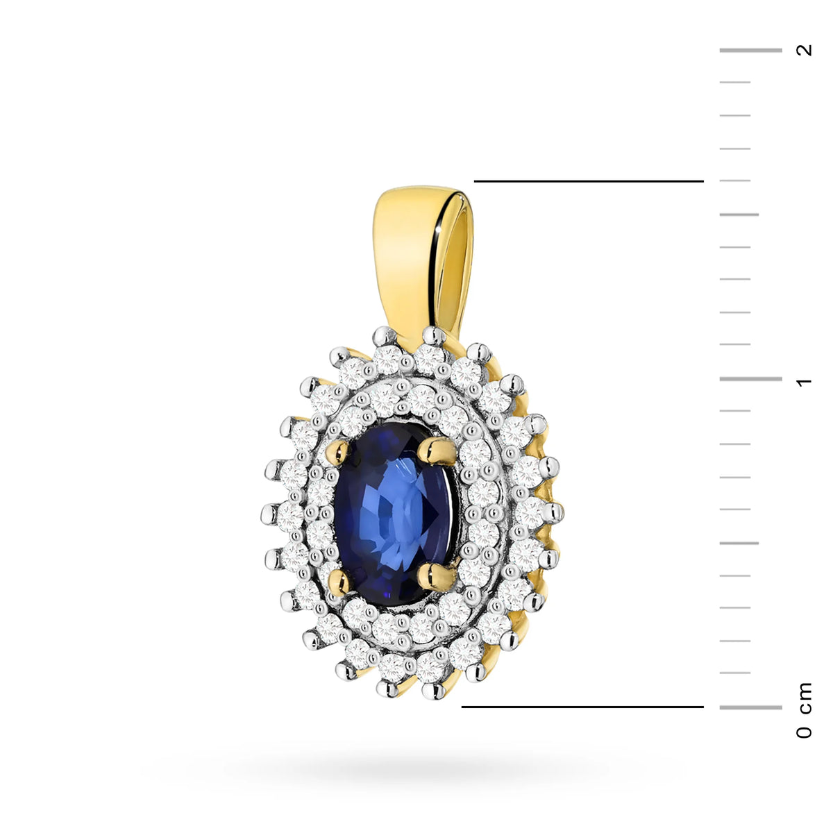 Přívěsek z 14karátového (585) zlata. Střední safír 0,70 ct obklopený 39 diamanty o celkové hmotnosti 0,19 ct. Jedinečný dárek pro ni. Náš obchod nabízí řetízky, přívěsky, náhrdelníky