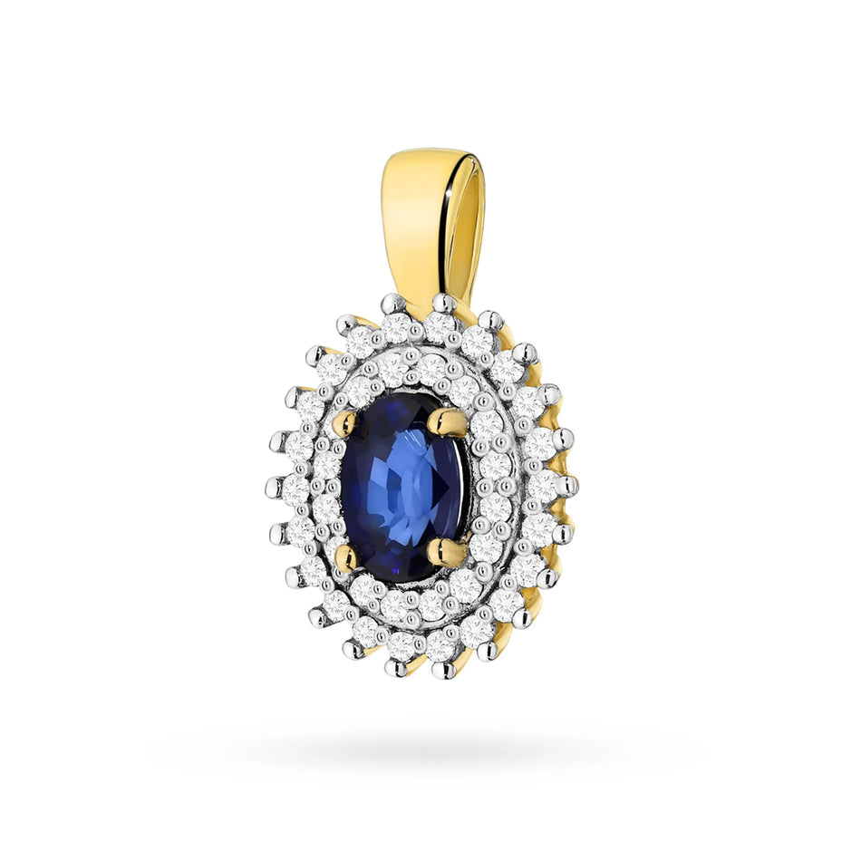 Pendant made of the 14K (585) gold. Central sapphire 0.70ct surrounded by 39 diamonds 0.19ct. A unique gift for her. Our shop offers chains, pendants, necklaces