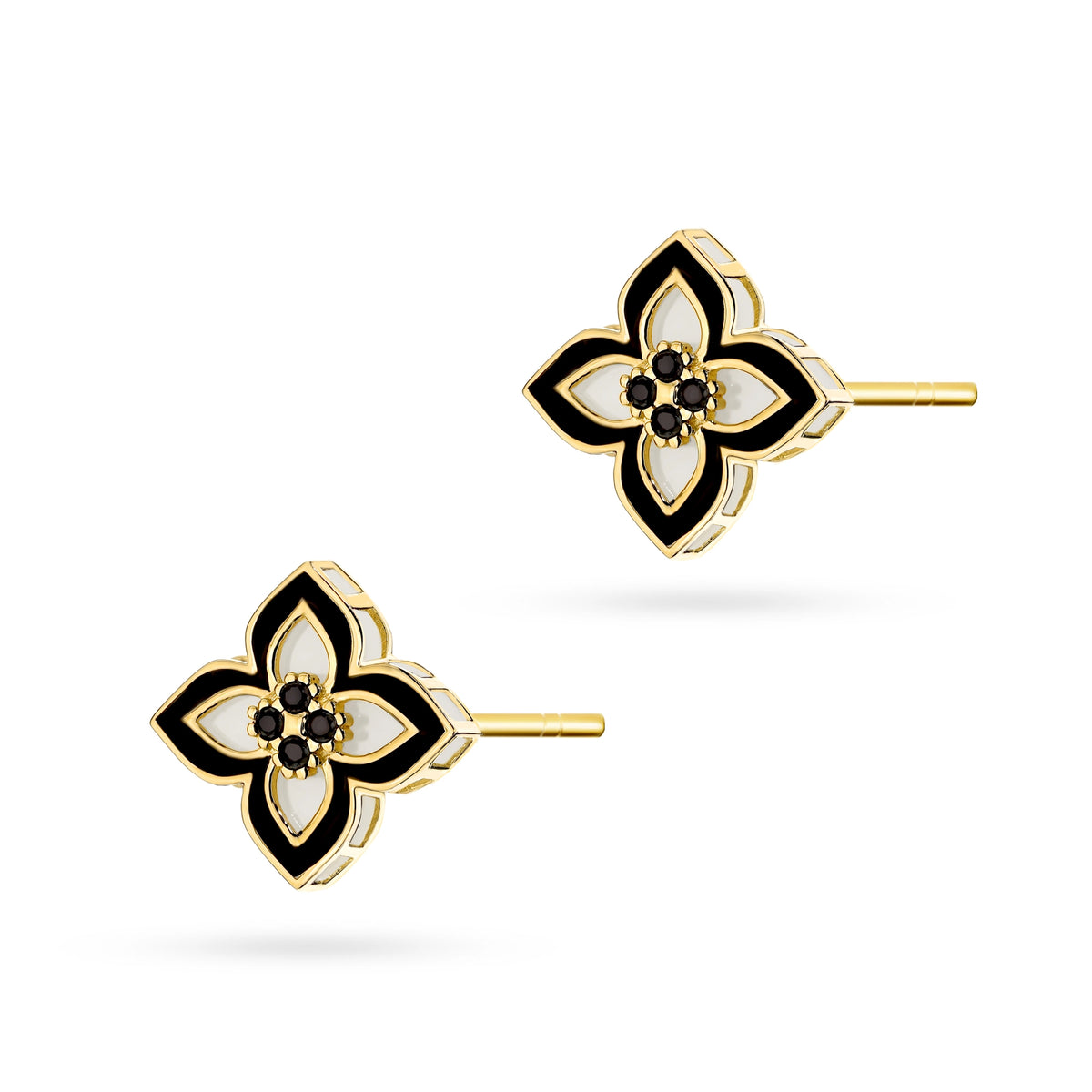 Elegant 14k Gold Studs featuring a stunning B&W flower design. A perfect blend of classic luxury and modern contrast. Timeless, chic, and ideal for any occasiond-earrings-k1829-14k-585-b