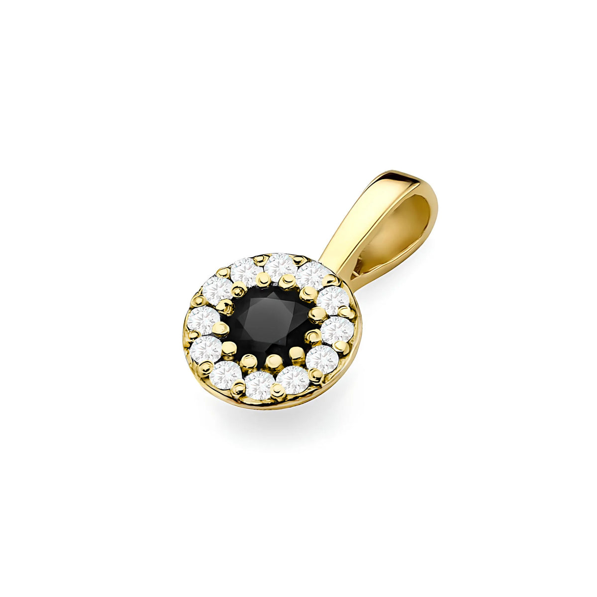 Gold Pendant with central Black Diamond and beset by white diamonds.