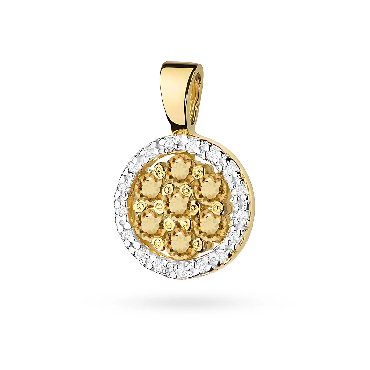 Zlatý přívěsek se středovým bronzovým diamantem a dalšími bílými diamanty.