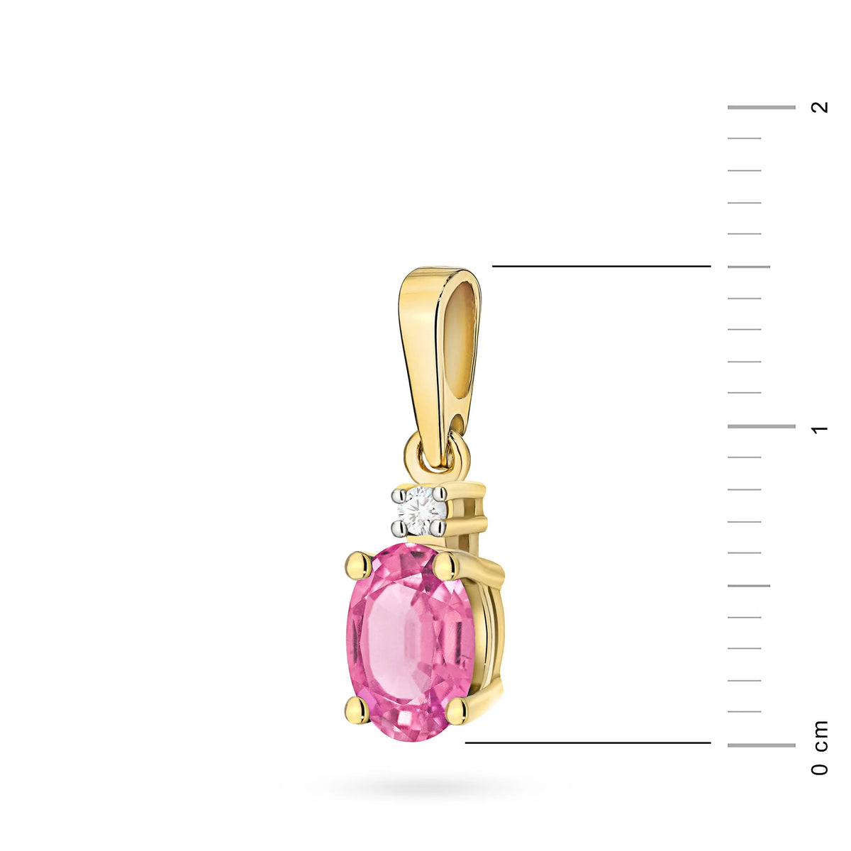 Zlatý přívěsek s růžovým topazem a diamantem s měřítkem.