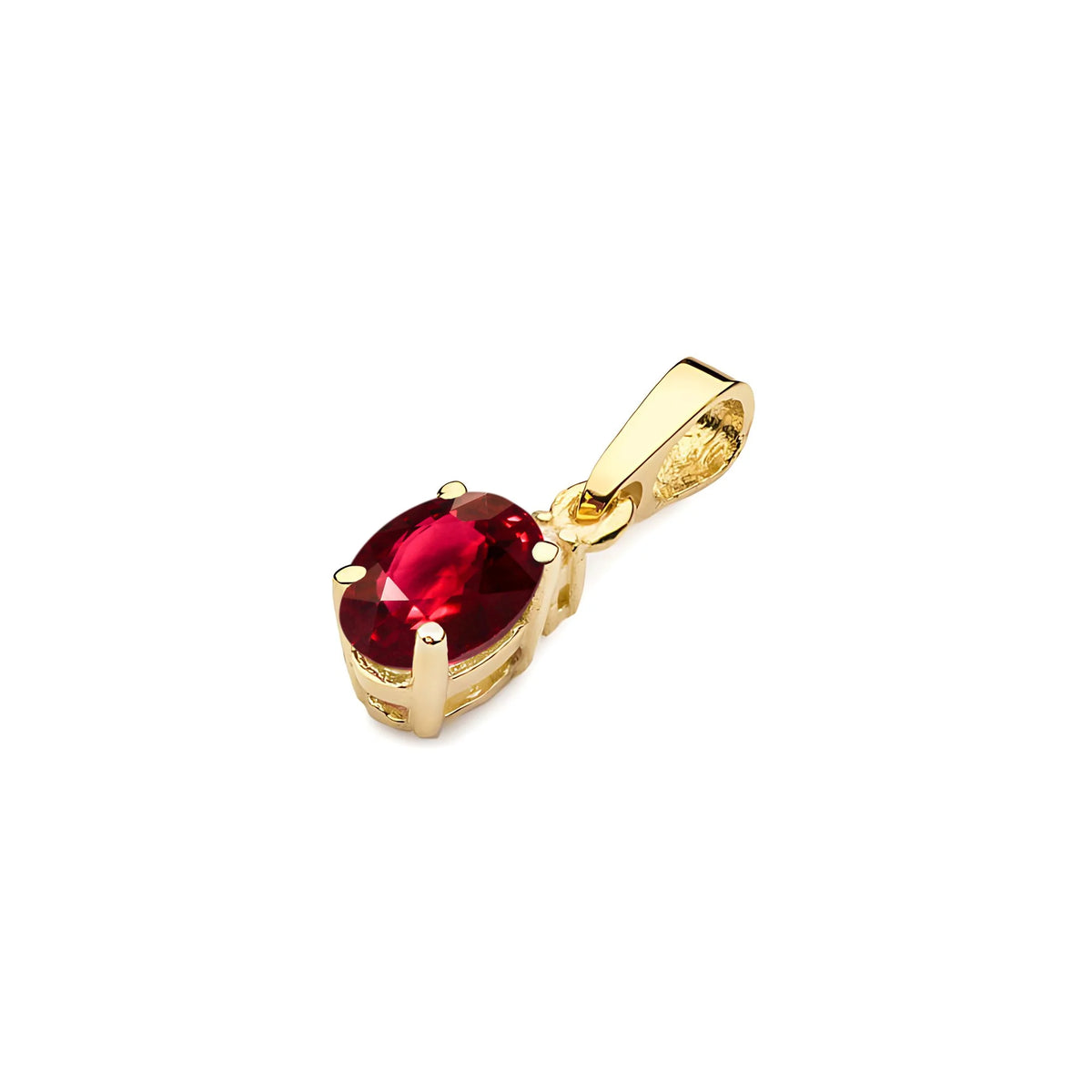 Zlatý přívěsek s oválným rubínem a doplňkovými diamanty.