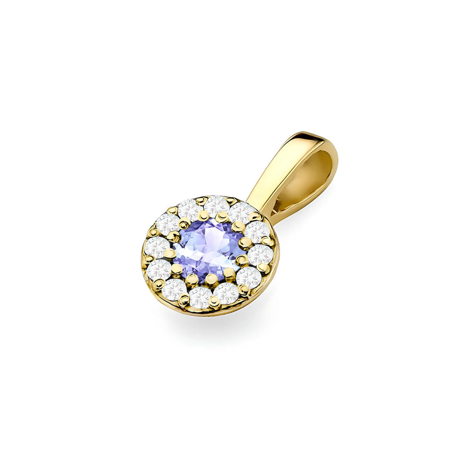 Gold round pendant with tansanit and real diamonds in 3 colors of 14k(585) gold.