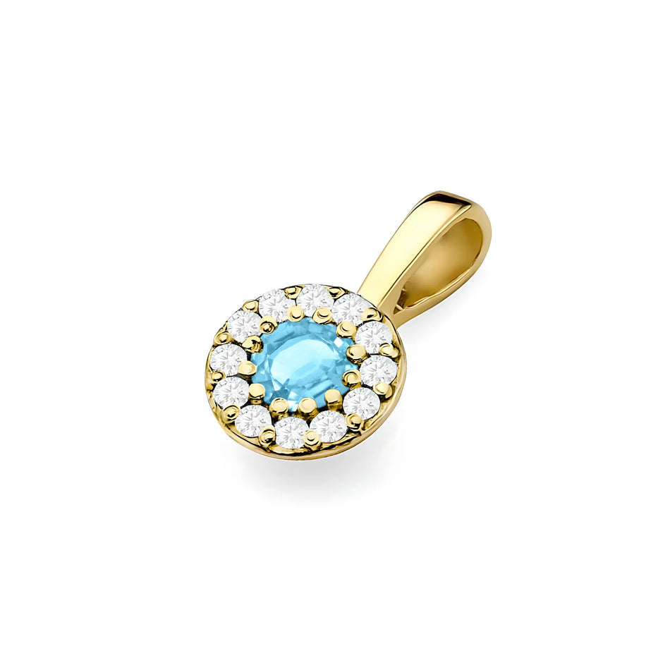 Gold round pendant with topas and  real diamonds in 3 colors of 14k(585) gold.