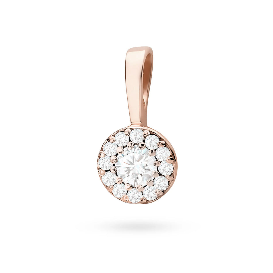 Rose Gold Pendant with central Diamond and beset by smaller diamonds.