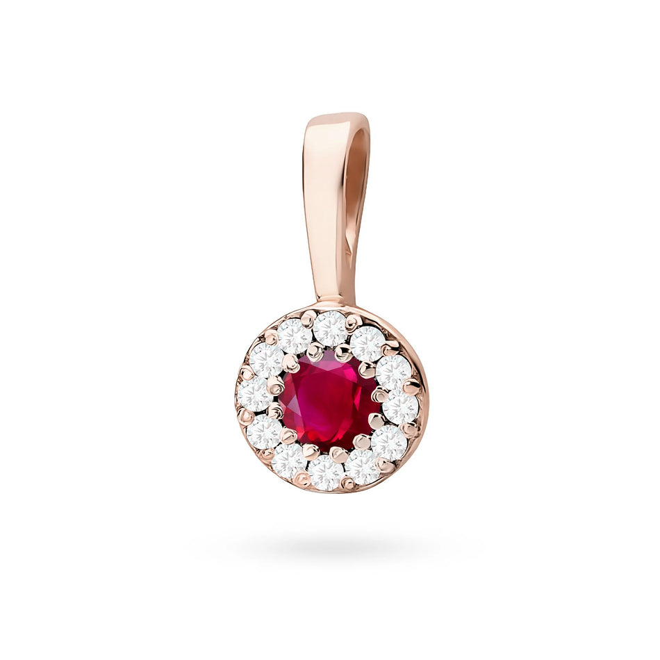 Rose Gold round pendant with ruby and real diamonds in 3 colors of 14k(585) gold.