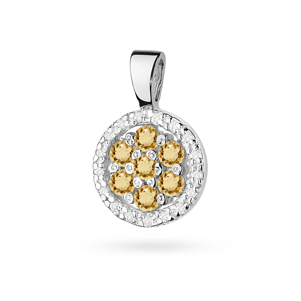 Přívěsek z bílého zlata se středovým bronzovým diamantem a dalšími bílými diamanty.