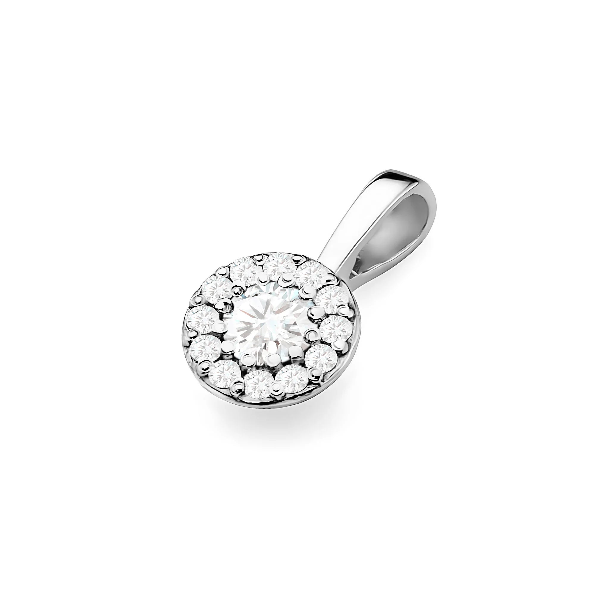White Gold Pendant with central Diamond and beset by smaller diamonds.