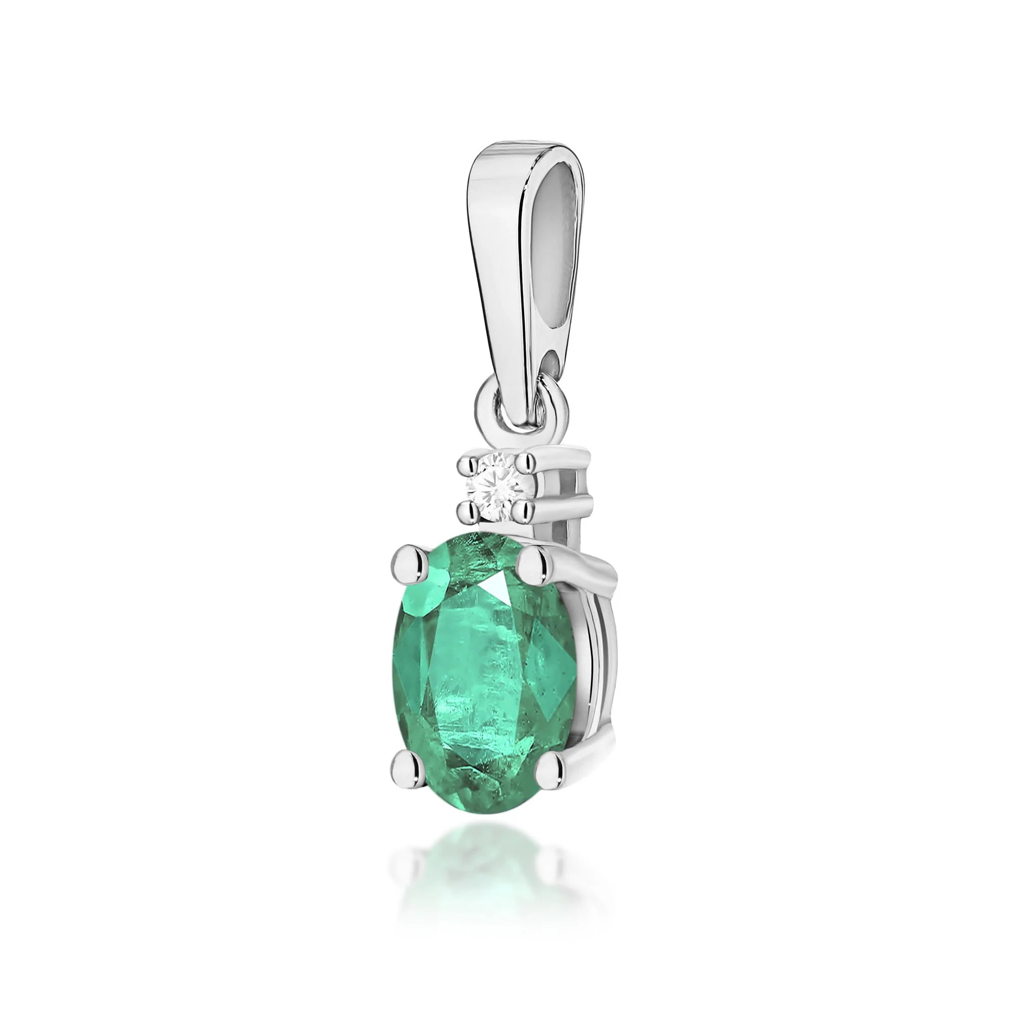 White Gold pendant with oval emerald and additional diamonds.