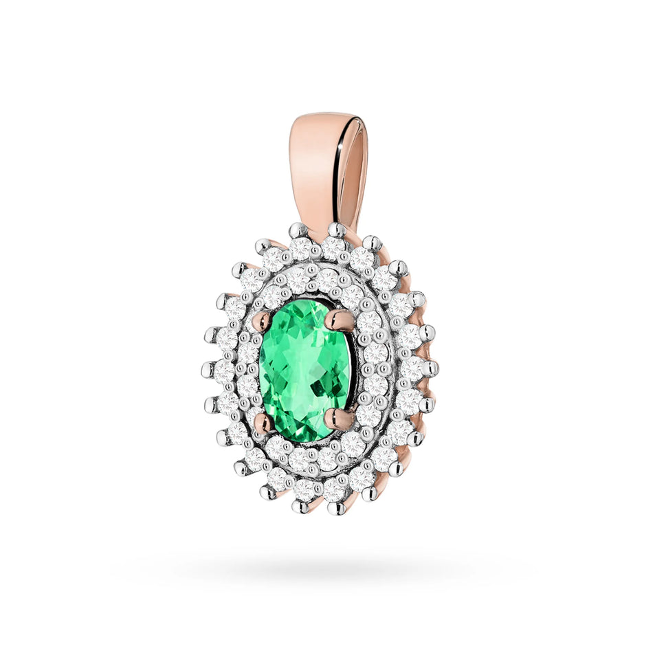 Pendant made of 14K (585) gold. Central emerald 0.40ct surrounded by 39 diamonds 0.19ct. A unique gift for her. Our shop offers chains, rings or armbands
