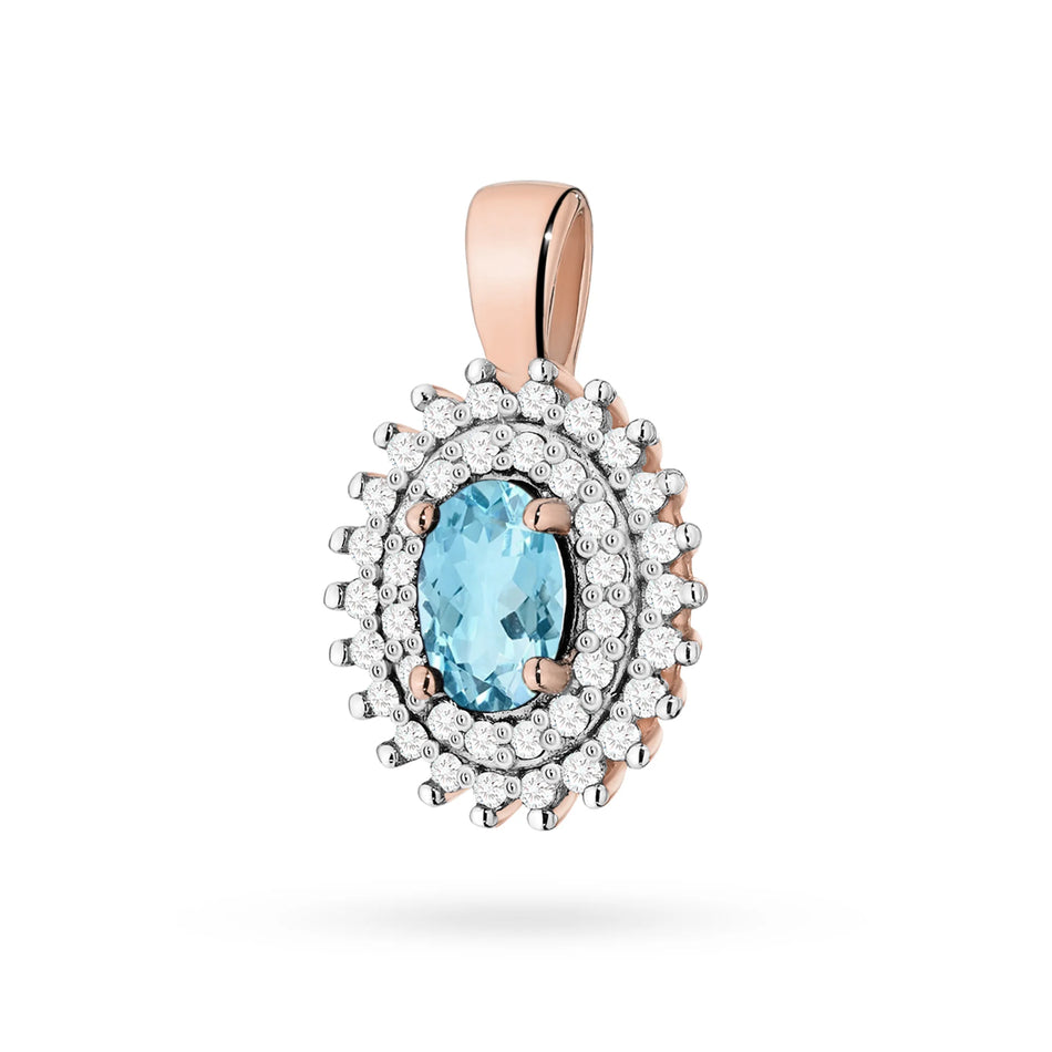 Přívěsek z 14karátového (585) zlata. Střední oválný topaz o hmotnosti 0,50 ct a 39 diamantů o celkové hmotnosti 0,19 ct. Jedinečný dárek pro ni. V naší nabídce najdete řetízky, přívěsky, náhrdelníky.