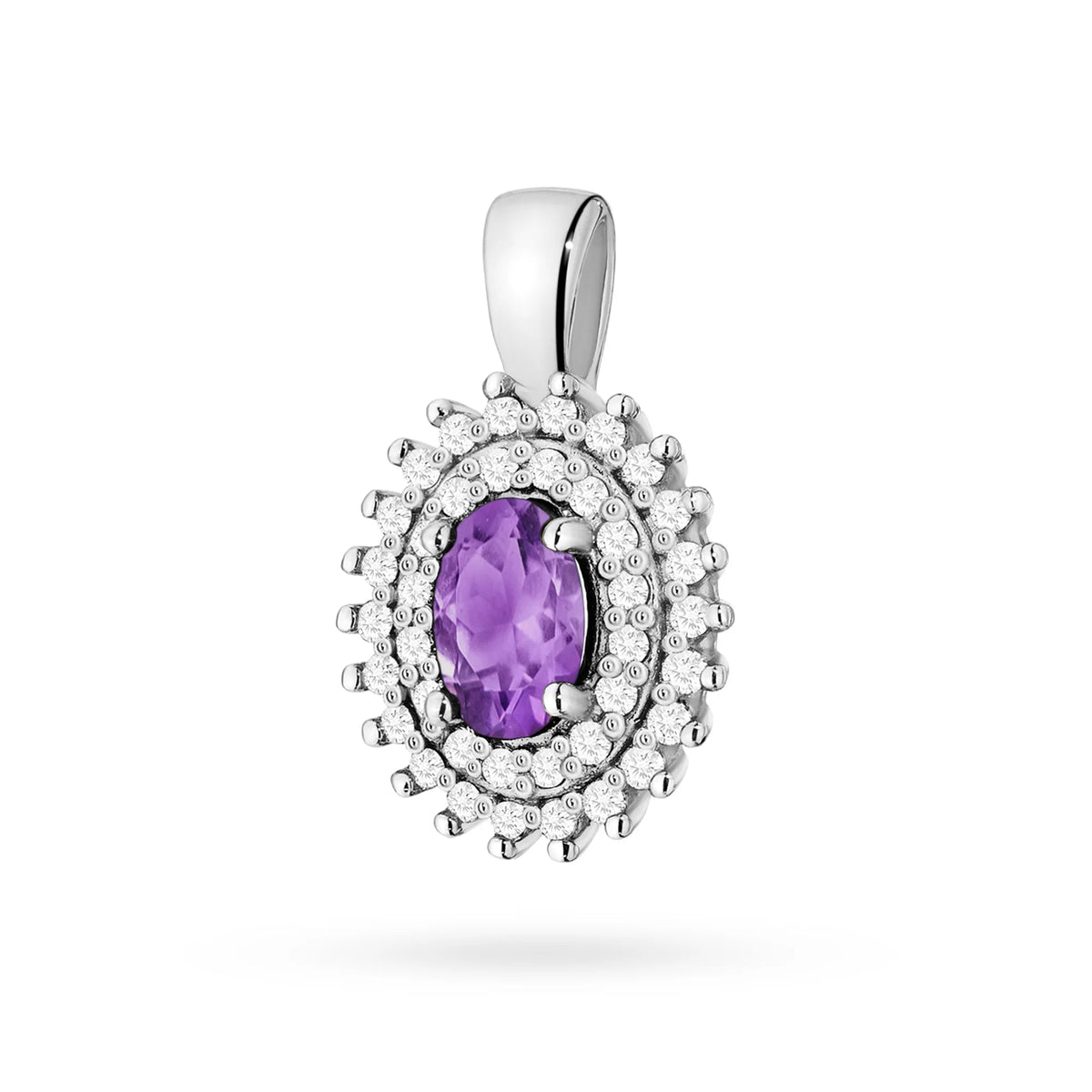 Přívěsek z 14karátového (585) zlata. Střední ametyst 0,40 ct obklopený 39 diamanty o celkové hmotnosti 0,19 ct. Jedinečný dárek pro ni. Náš obchod nabízí řetízky, prsteny, náušnice.