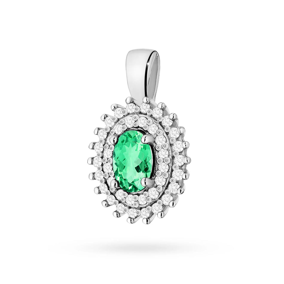 Pendant made of 14K (585) gold. Central emerald 0.40ct surrounded by 39 diamonds 0.19ct. A unique gift for her. Our shop offers chains, rings or armbands