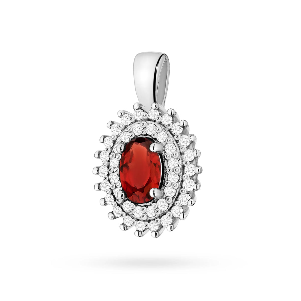 Přívěsek z 14karátového (585) zlata. Střední granát 0,50 ct obklopený 39 diamanty o celkové hmotnosti 0,19 ct. Jedinečný dárek pro ni. Náš obchod nabízí řetízky, prsteny nebo náramky.