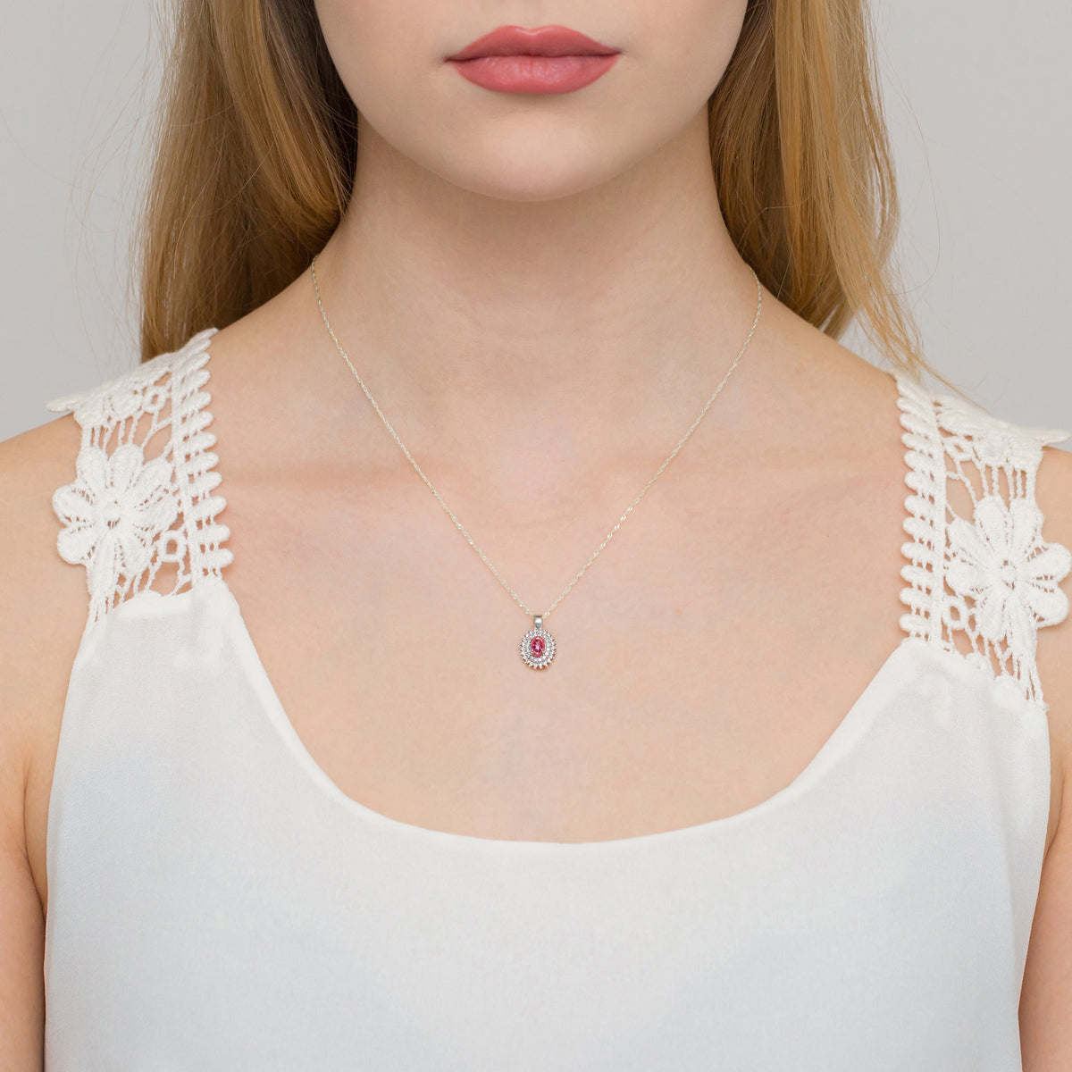 Pendant made of the 14K (585) gold. Our selection includes chains, pendants, necklaces. oval cut pink topaz 0.50ct and 39 diamonds 0.19ct. A unique gift for her