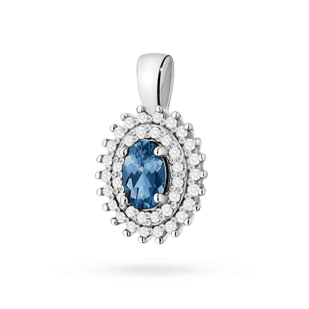 Přívěsek z 14karátového (585) zlata. Střední topaz london blue 0,50 ct obklopený 39 diamanty o celkové hmotnosti 0,19 ct. Jedinečný dárek pro ni. Náš obchod nabízí řetízky a náhrdelníky.