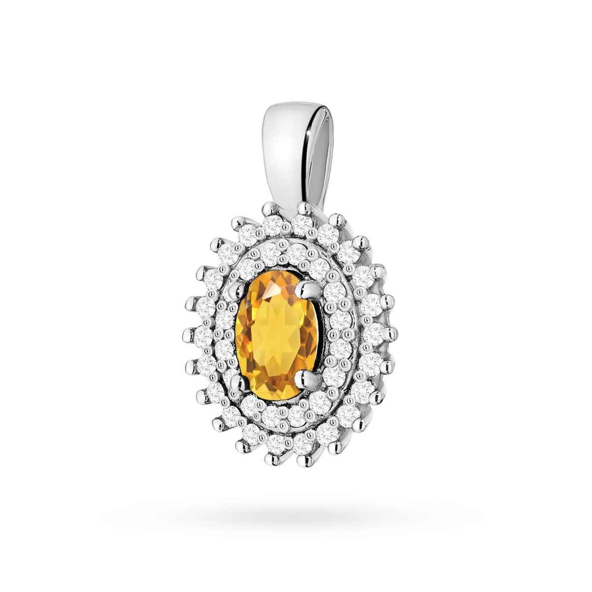 Přívěsek z 14karátového (585) zlata. Uprostřed citrín 0,60 ct obklopený 39 diamanty o celkové hmotnosti 0,19 ct. Jedinečný dárek pro ni. Náš obchod nabízí řetízky, prsteny, náušnice.