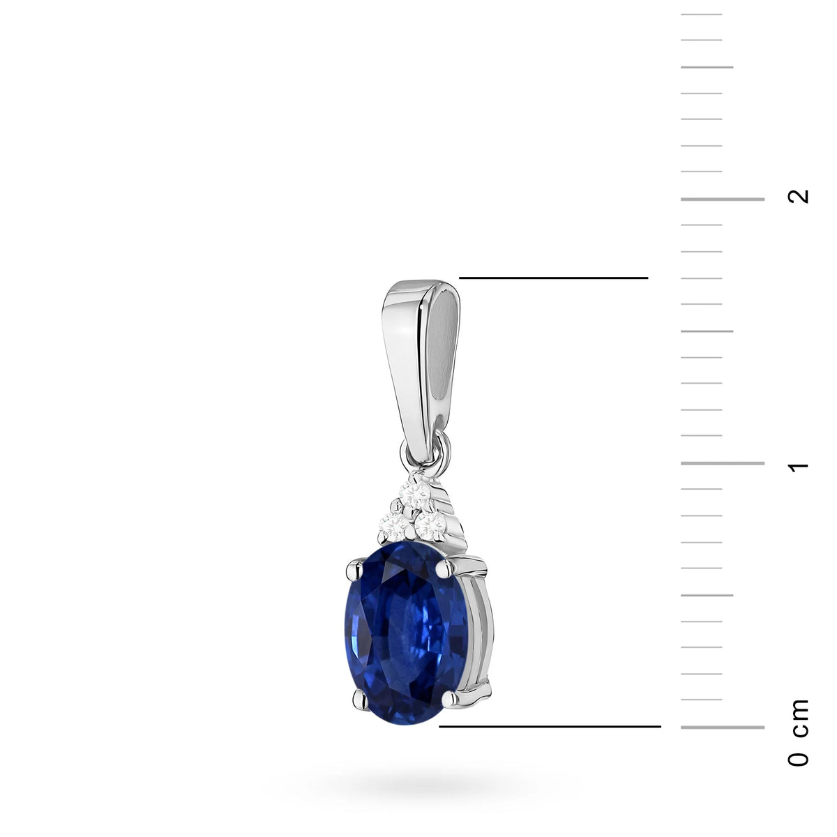 Přívěsek z 14karátového (585) zlata. Naše nabídka zahrnuje řetízky, přívěsky, náhrdelníky. Střední oválný safír 0,90 ct a 3 diamanty 0,026 ct. Dokonalý jedinečný dárek